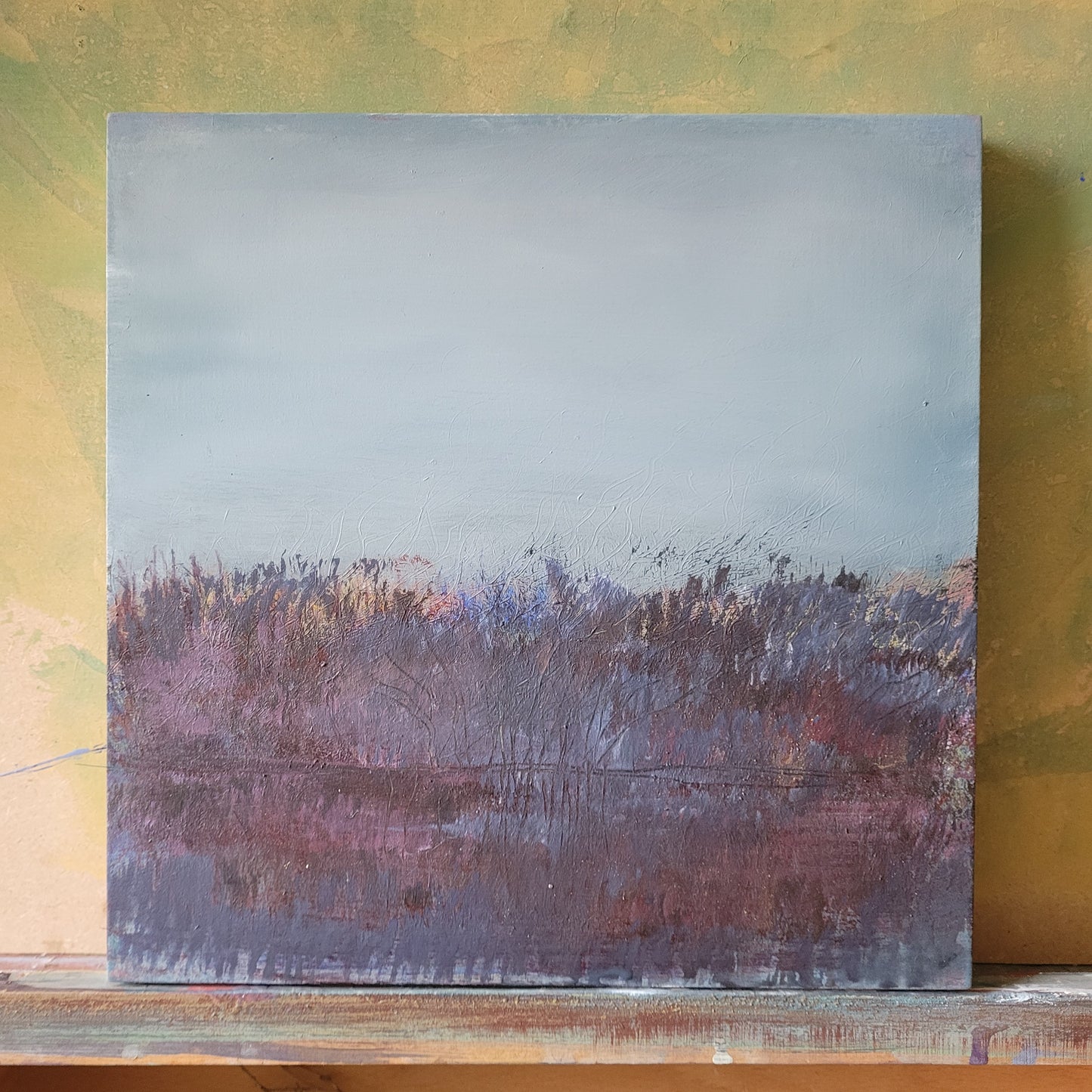 peinture acrylique paysage abstrait 20x20 cm, série paysage abstrait, matin bleu, toile abstraite