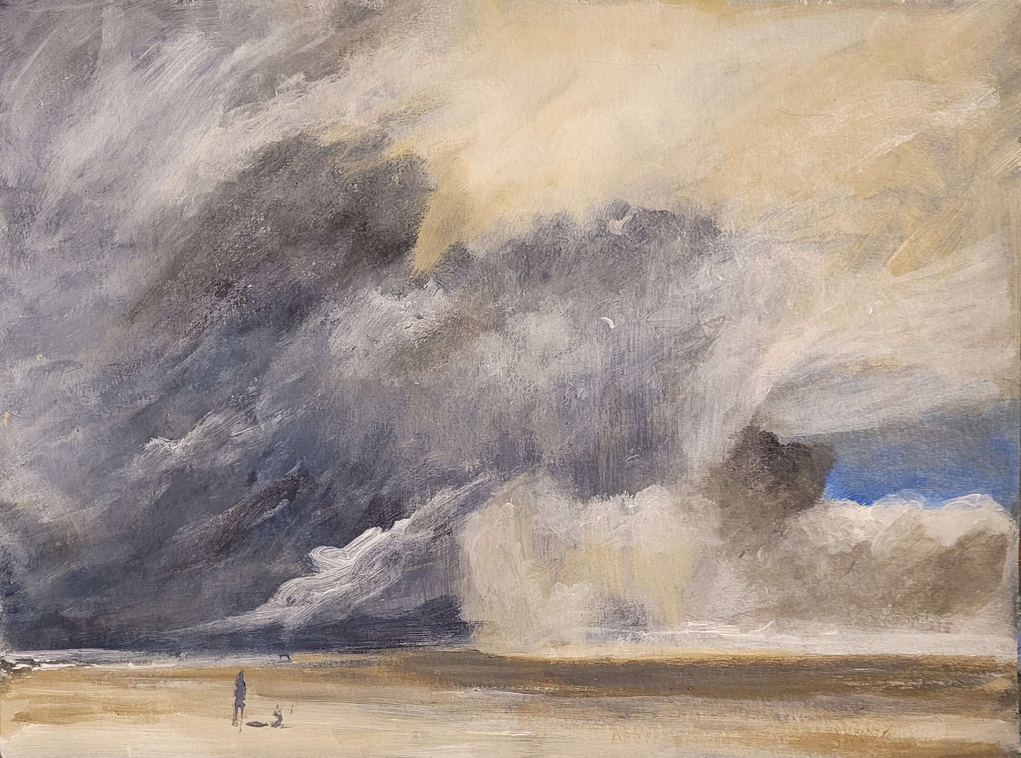 tableau acrylique papier 30x40 représentant un paysage marin avec une tempête et des nuages dramatiques.