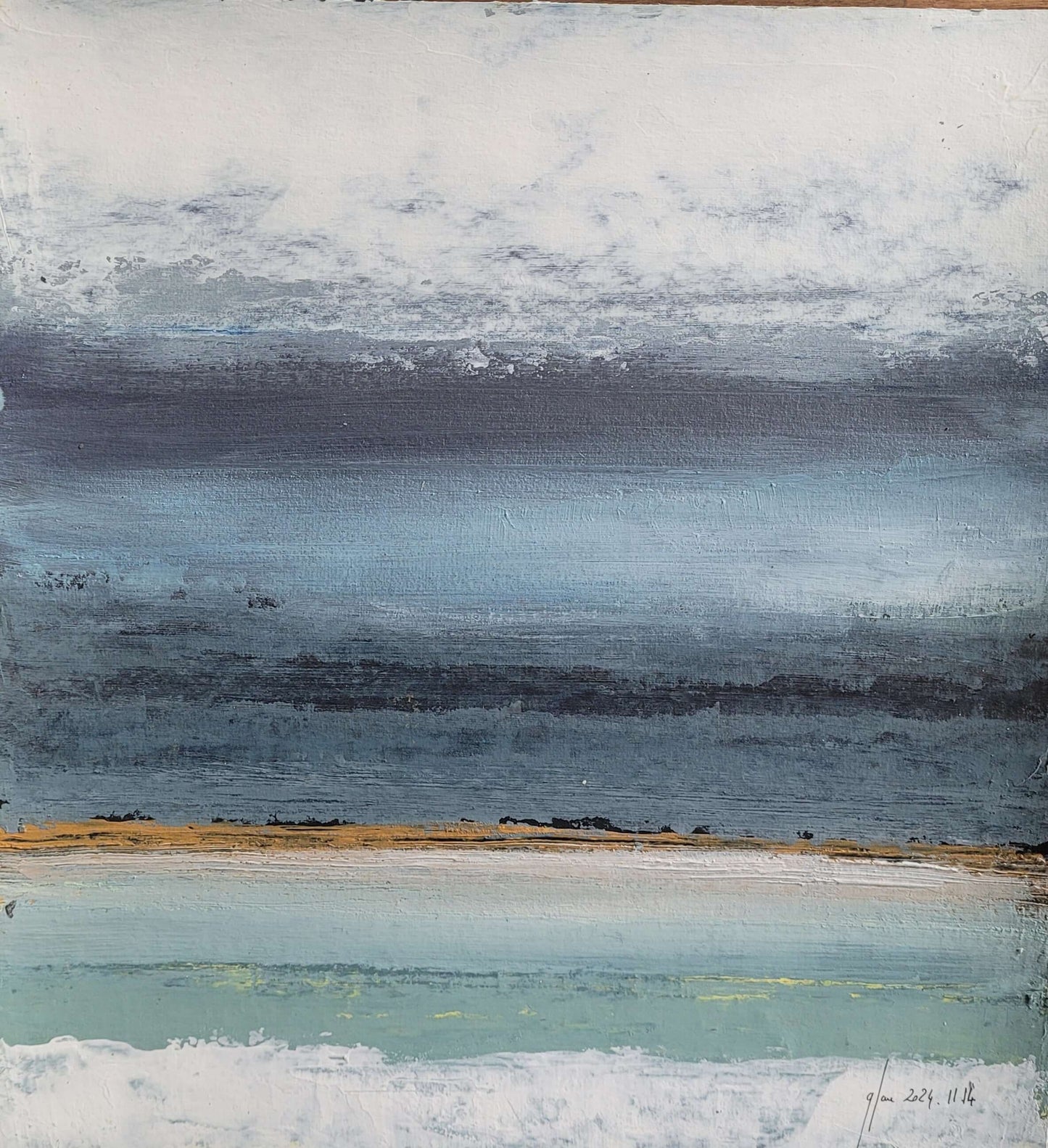 tableau acrylique paysage abstrait 30x40cm, ciel et ocre dominant bleu, œuvre moderne sur toile.