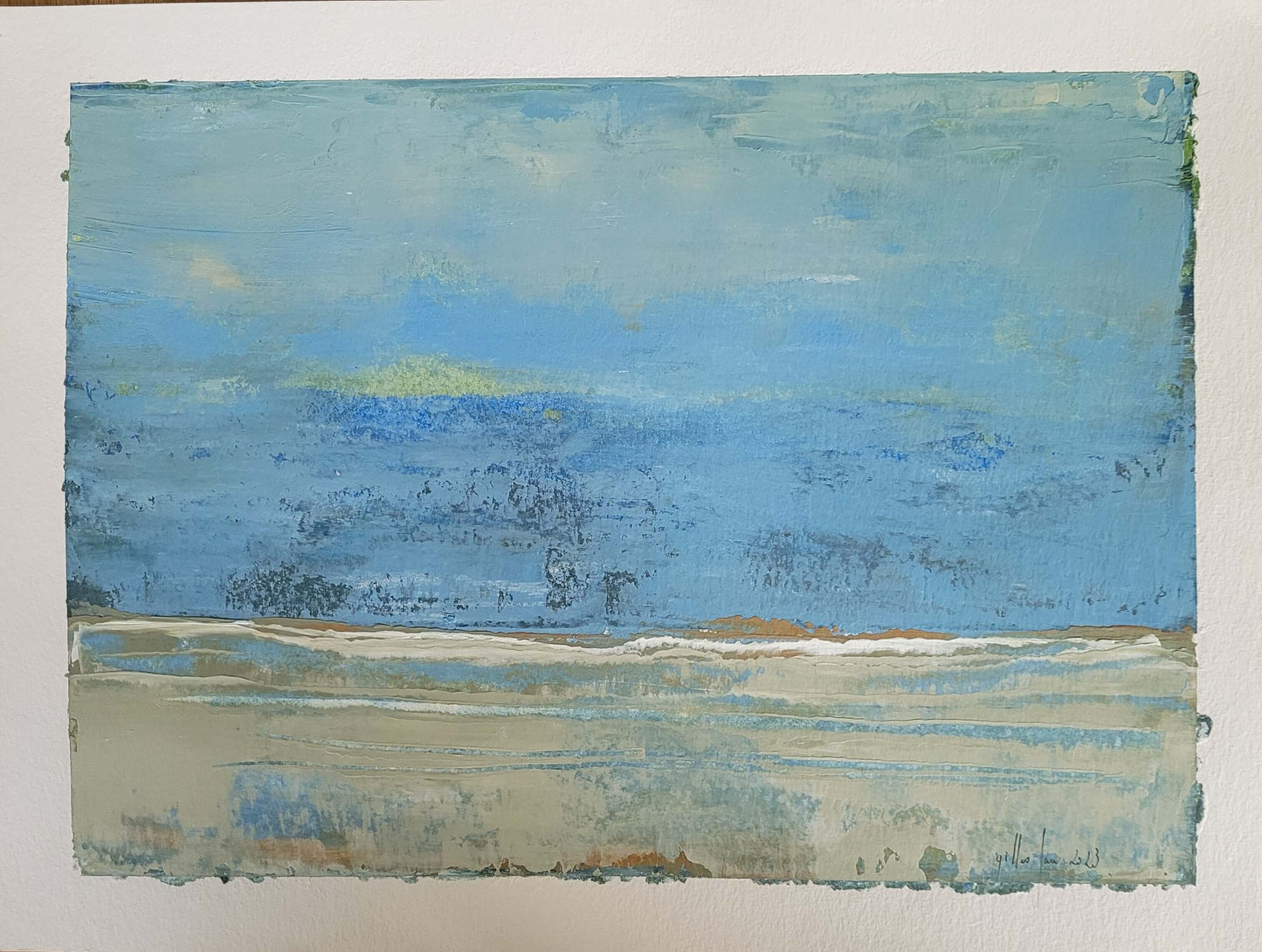 acrylique paysage abstrait 30x40cm - paysage abstrait avec des tons de bleu et ocre sur toile.