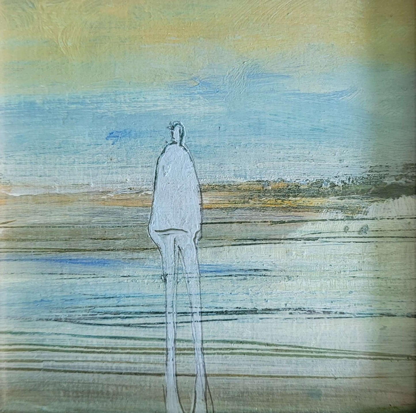 Acrylique sur papier 10x10cm- nature humaine - 5, peinture représentant une silhouette humaine sur fond de paysage.