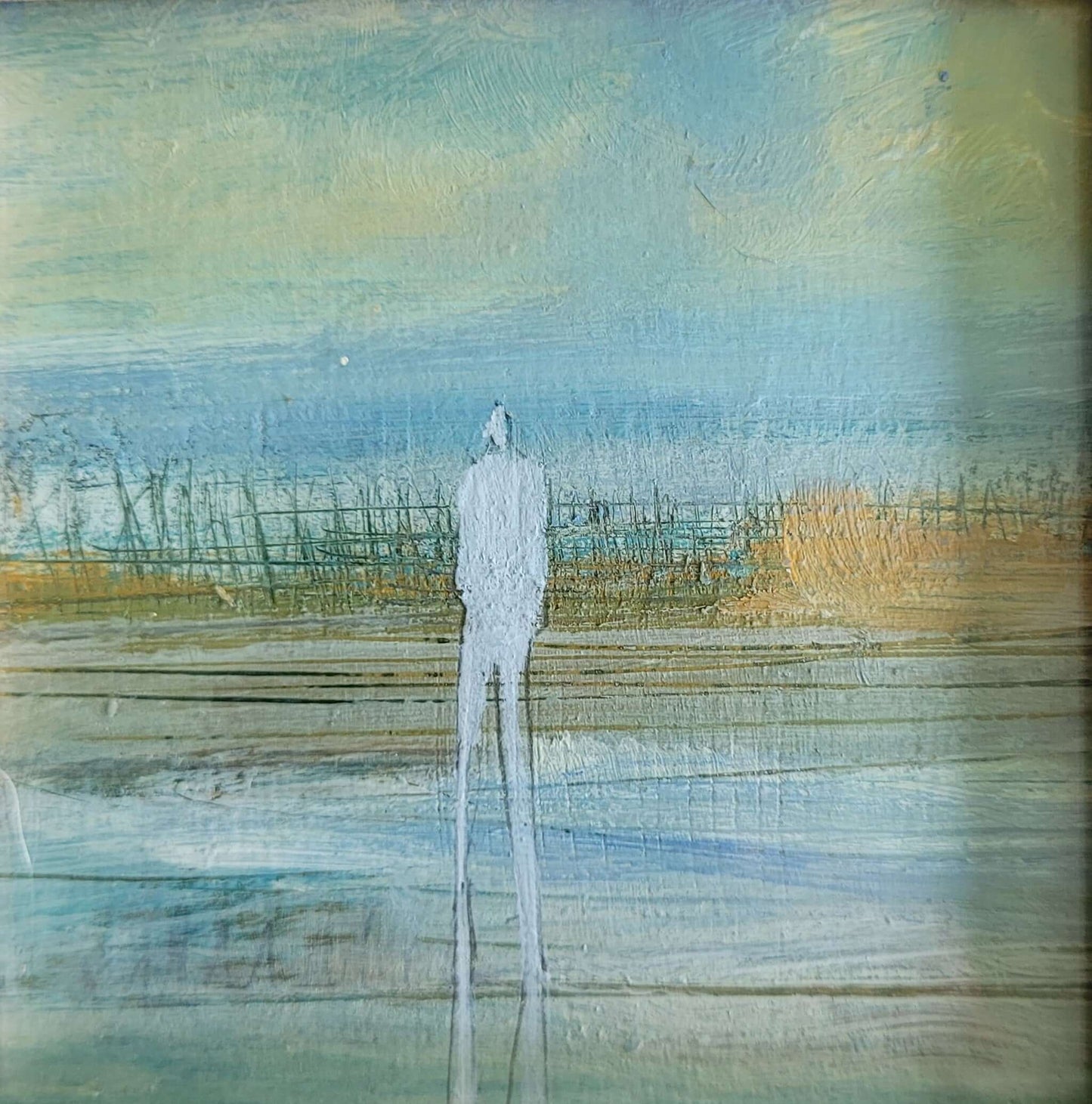 Acrylique sur papier 10x10cm- nature humaine - 4, peinture acrylique représentant une silhouette sur fond de paysage.