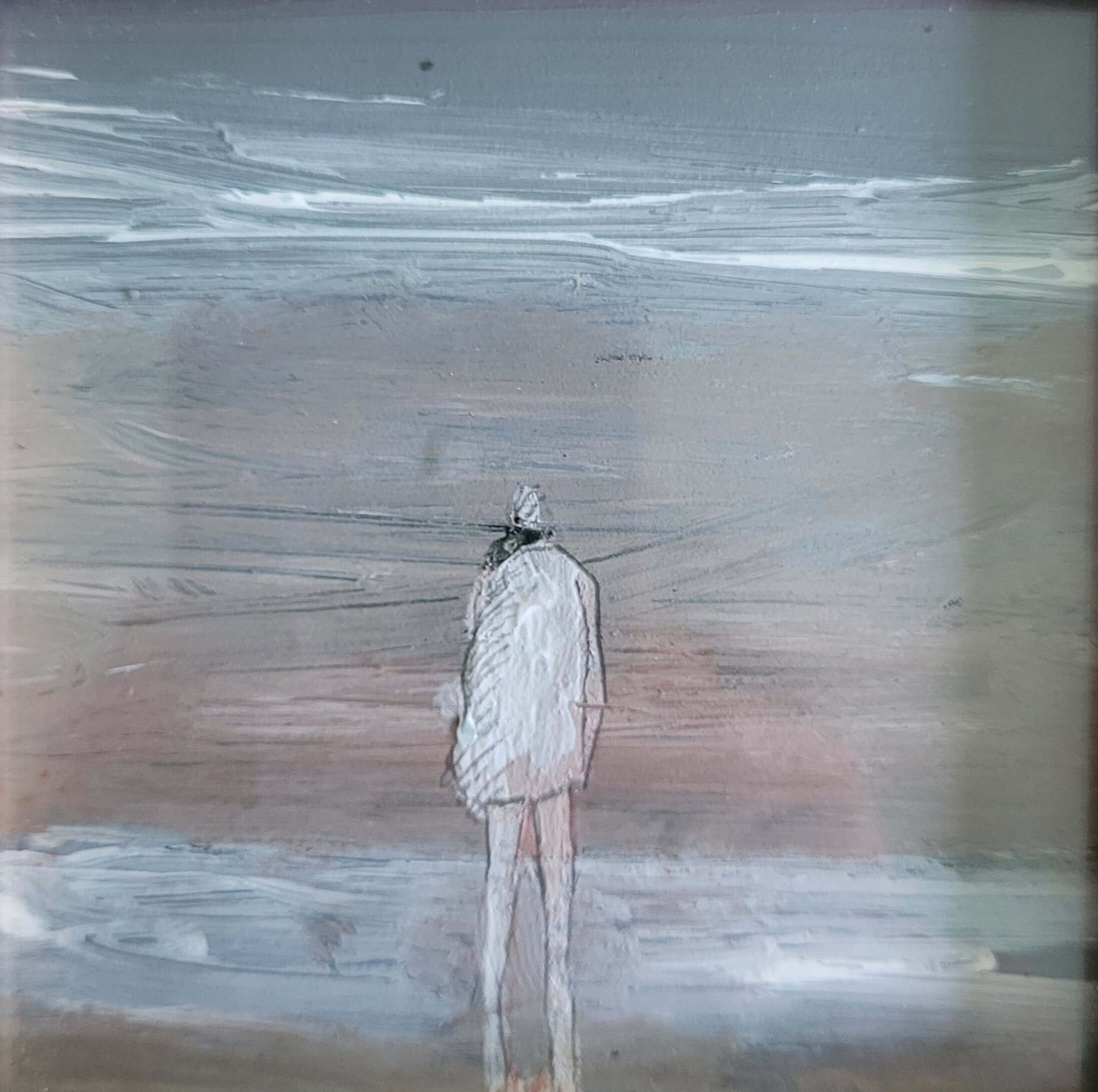 Acrylique sur papier 10x10cm- nature humaine - 3, peinture représentant une silhouette face à un paysage abstrait.