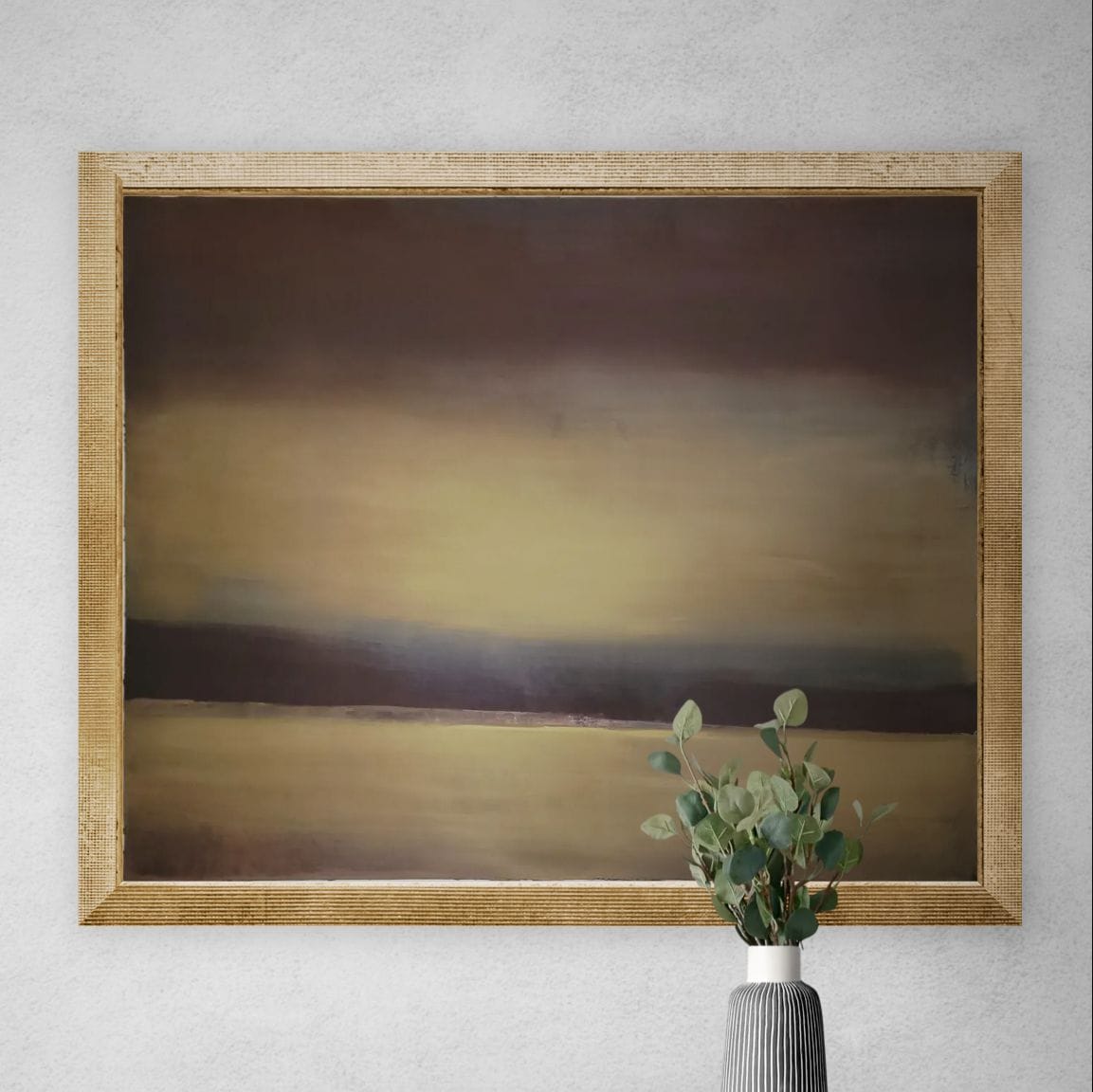 acrylique sur toile paysage abstrait 100x81cm avec cadre doré et vase de fleurs