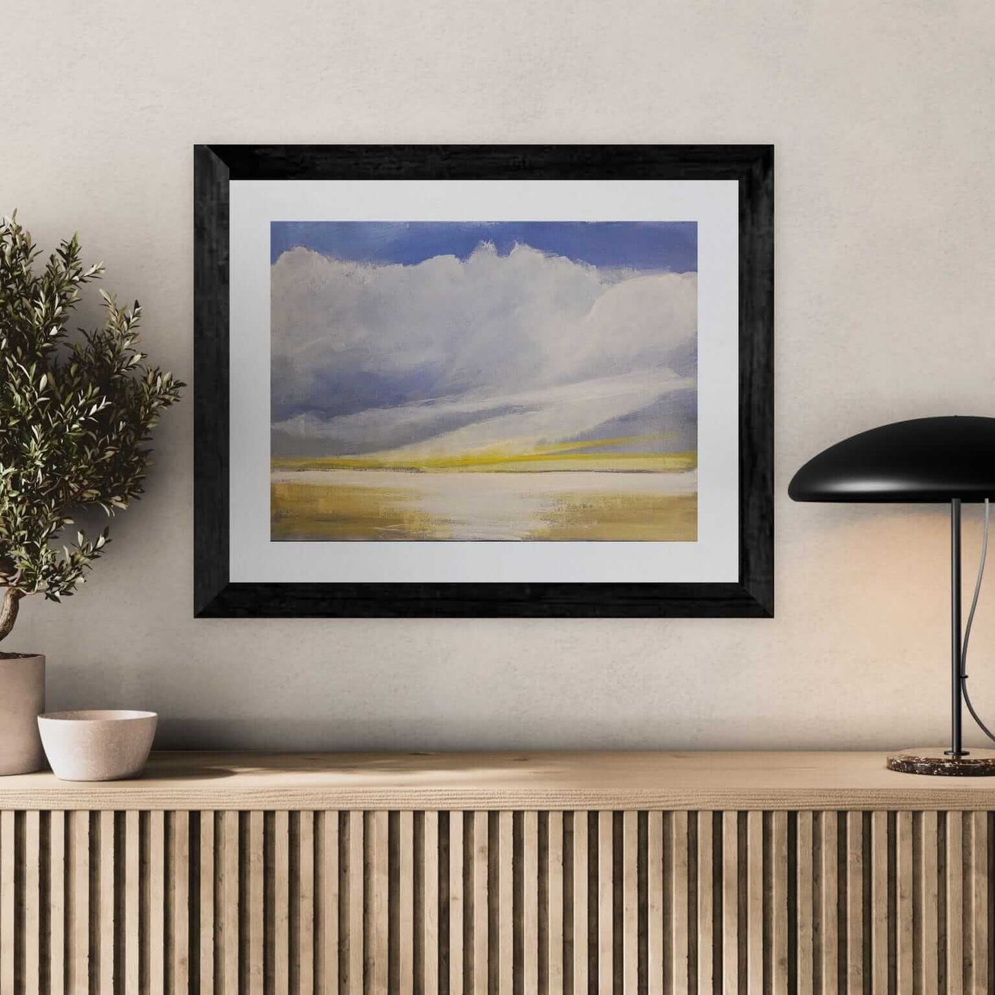 tableau acrylique sur papier 30x40, paysage lointain avec nuages et lumière, cadre noir