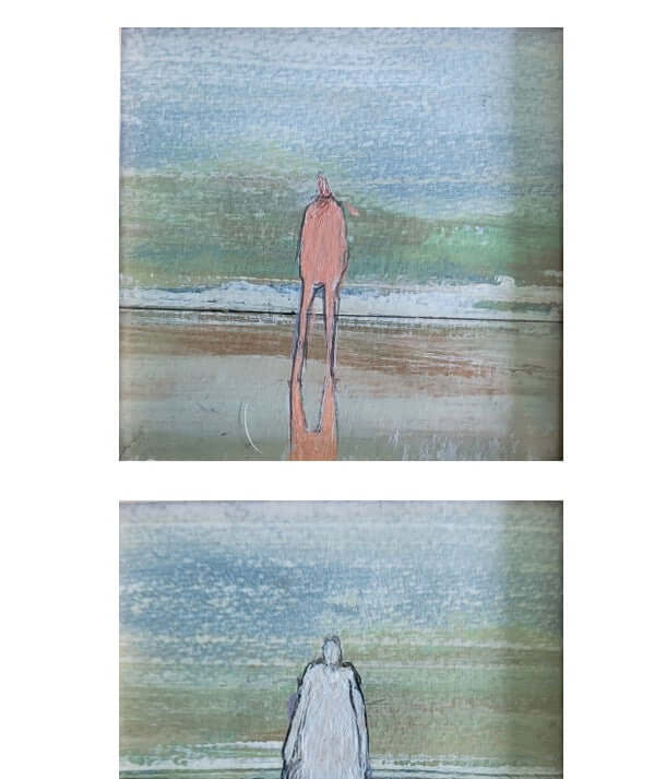 Illustration from Livret Nature Humaine depicting abstract figures by the sea in subtle colors.